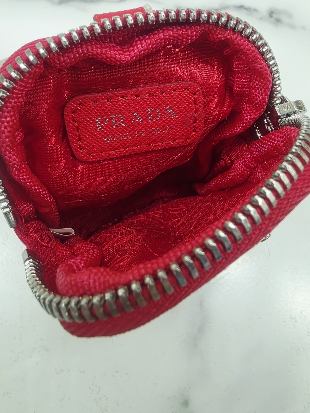Prada Red Nylon Mini Pouch Keychain Coin Case Small Zip Bag Italy - Picture 9 of 14